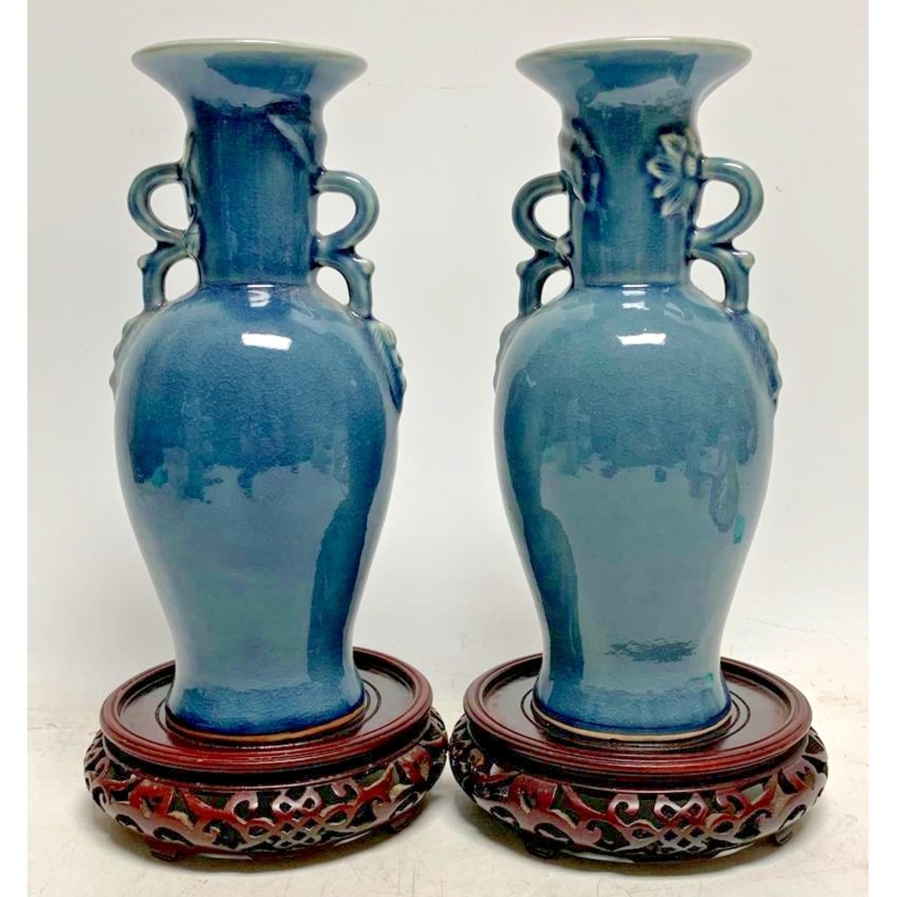 Individual Siam Celadon Glazed Blue Pottery Vase With Hand-Carved Wood Stand‎